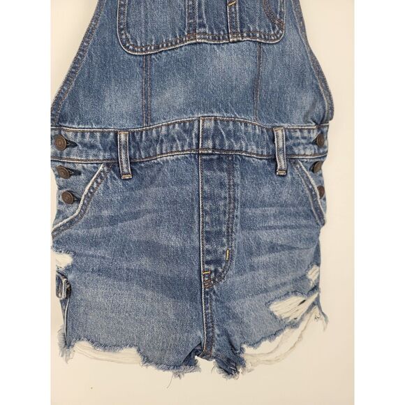 American Eagle Shortall's XS Womens Overalls Medium Wash Distressed Bottoms - Picture 3 of 5